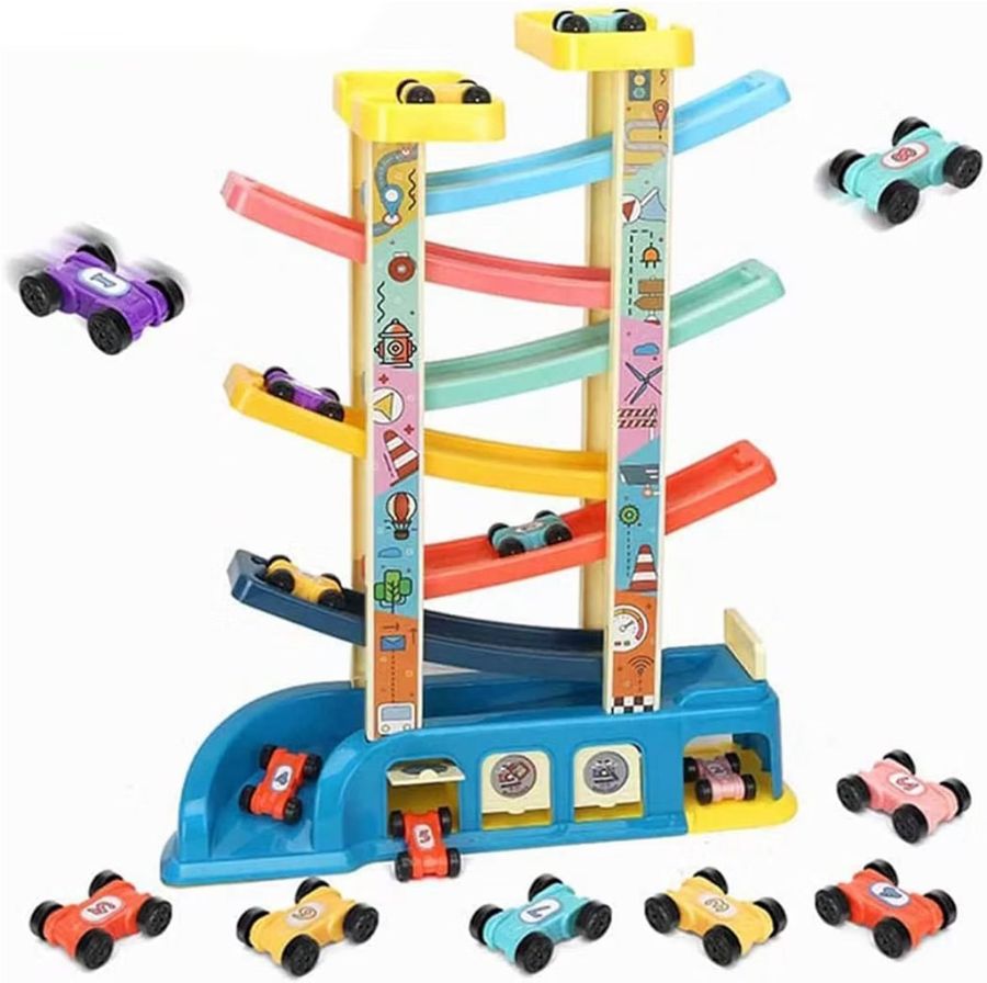 Ramp Racer toddler car ramp toy: six colour zig-zag ramps between two illustrated posts, two yellow launch pads, a blue three-bay garage and 14 numbered mini cars